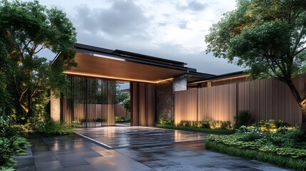  Modern wooden fence with metal gate, modern home entrance design, exterior front view