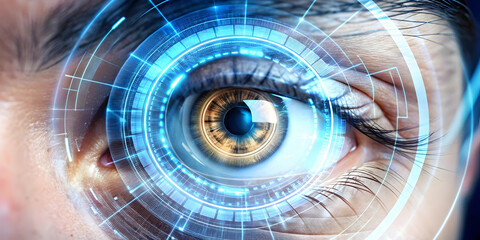 Extreme Close-Up of Biometric Voter Iris Scan for Futuristic Verification - Holographic Voting Interface with Glowing Blue Accents on White Background