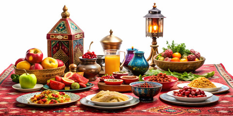 Fototapeta premium 3D Icon of Yalda Night Table Setting: Vibrant Colors and Traditional Items Captured in a Beautiful Wide Shot with Slow Pan on White Background