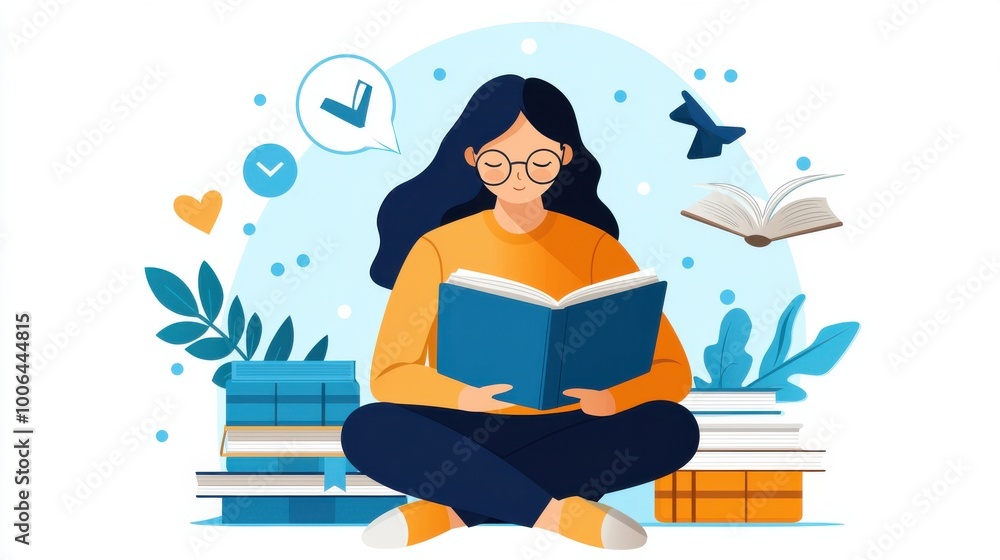 Poster a student sits in a library, surrounded by textbooks, writing down study goals in a notebook while f
