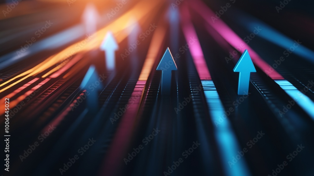 Poster a set of vivid arrows points sharply upwards from a smooth black surface, demonstrating forward moti