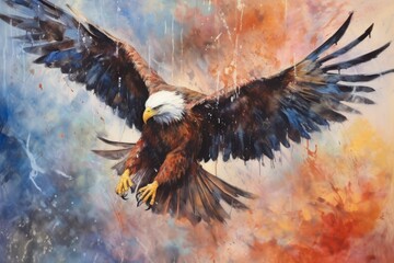 Majestic eagle soaring through a colorful abstract background.