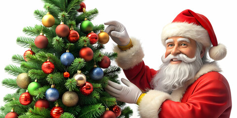 3D Santa Decorating a Christmas Tree with Glossy Ornaments - Close-Up of Hands in Action on Clean White Background for Festive Creativity