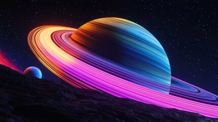 Naklejka premium Saturn with vibrant colorful rings against starry sky