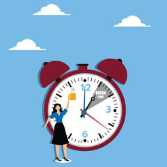 Relaxed businesswoman enjoys cup of coffee or tea beside alarm clock. Concept of time for break, moment to unwind and refresh from long stressful period, chance to shake boredom, sleepiness, and fatig