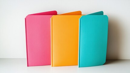 An organized display of three bright folders, each with different textures, isolated against a white backdrop for visual interest