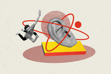 Photo collage artwork minimal picture of flying guy talking microphone huge ear isolated graphical...