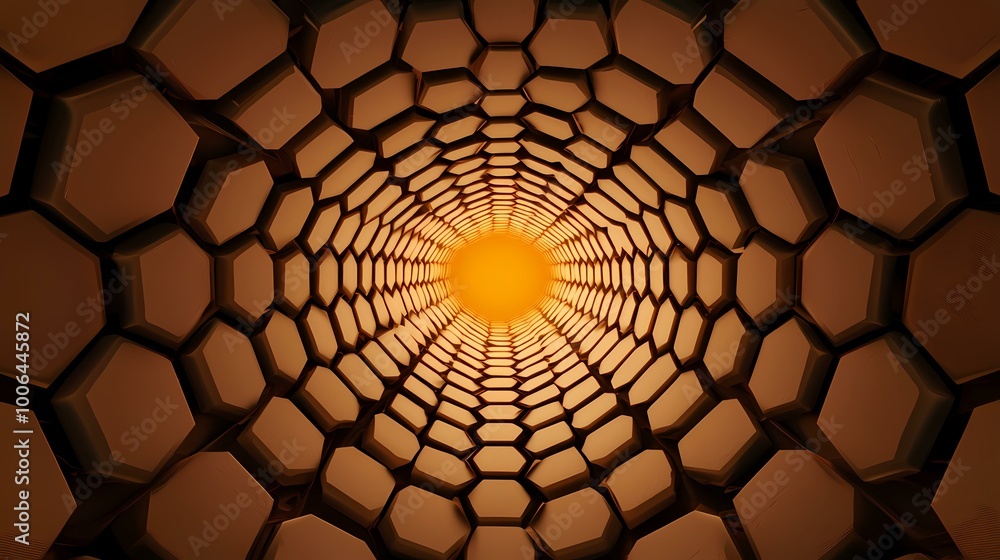 Poster a 3d rendering of a tunnel made of hexagonal, brown tiles with a bright yellow light at the end of t