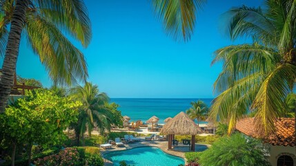 ## Paradise Found: Tropical Beach Resort with Palm Trees and Azure Sky