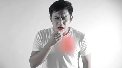 A man coughs, covering his mouth with his hand.  He has a red area on his chest, suggesting he is sick.