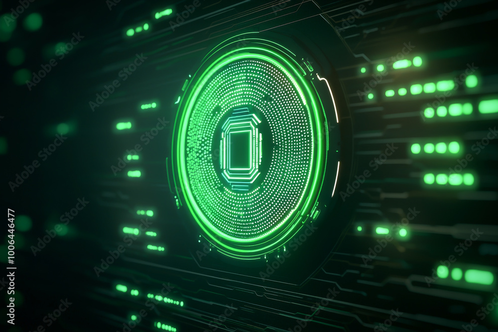 Poster futuristic digital circuit with a glowing green microchip at the center, representing technology and