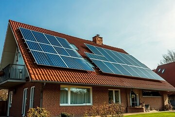 Fototapeta premium A modern house with solar panels on the roof, showcasing sustainable living.