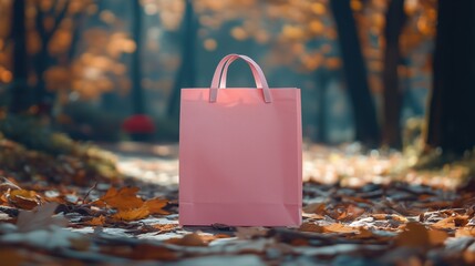 Pink shopping bag set among fallen autumn leaves in a sunlit park, with a soft blurred background.