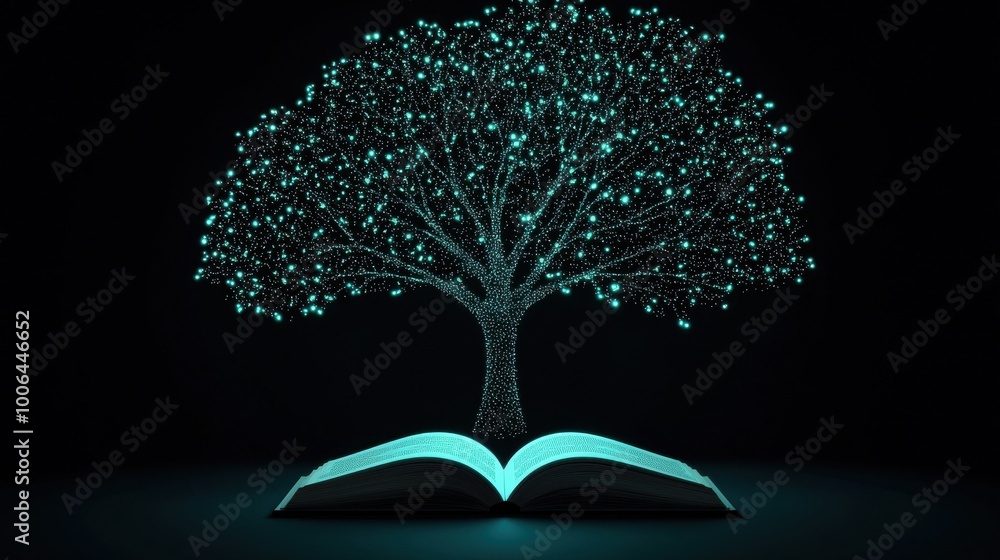 Poster a tree with digital branches, where each leaf represents a specific skill. the tree is glowing, and 