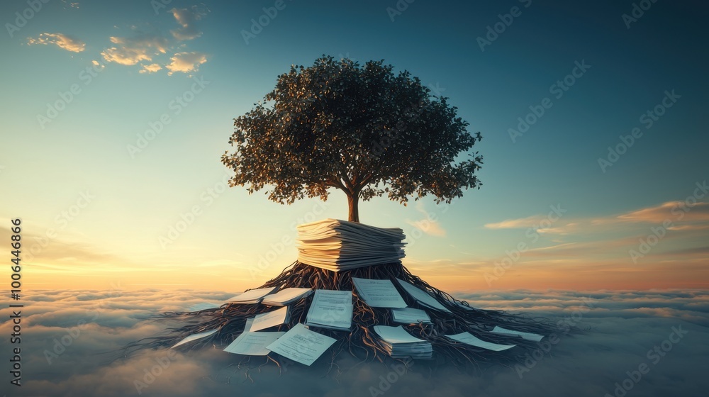 Poster a tree with its roots intertwined with wires, computers, and papers, while its branches extend upwar