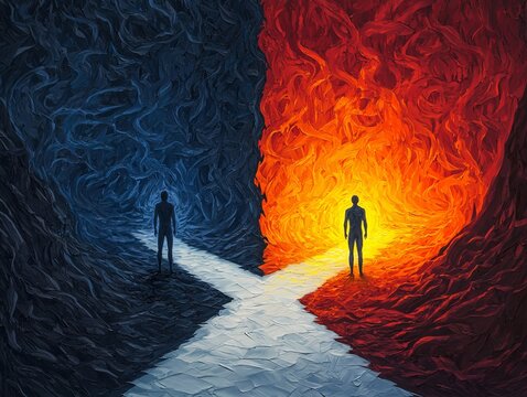 Two figures facing divergent paths, representing choices and emotional journeys.