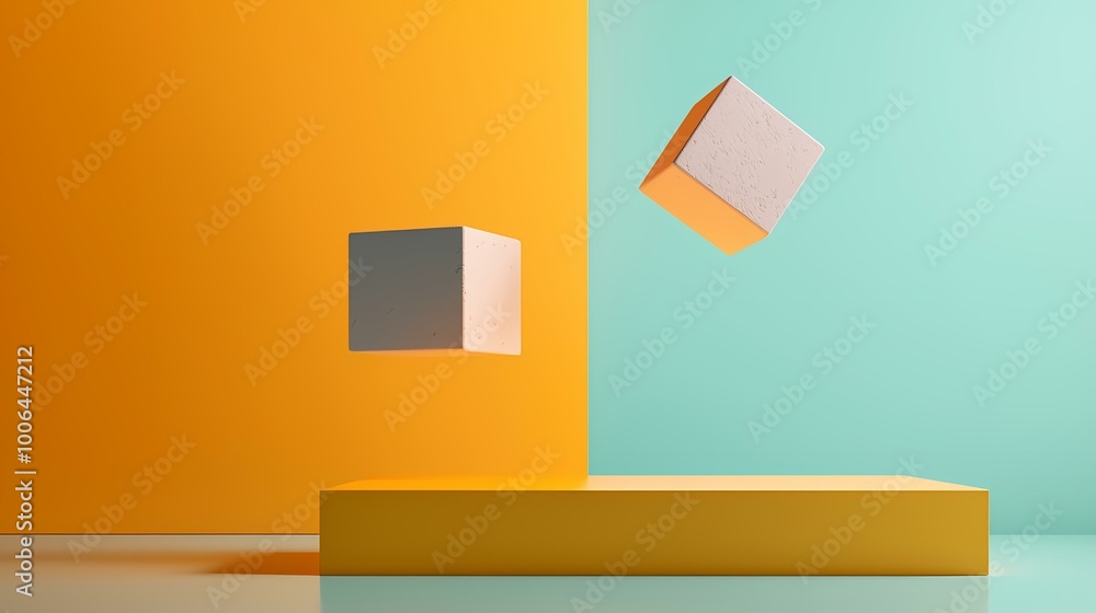 Poster two cubes are floating in front of an orange wall and a turquoise wall. the cubes are both light gra