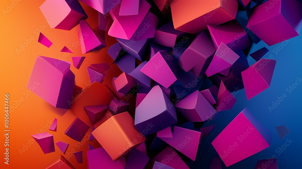 Aufkleber an abstract image of colorful blocks floating against an orange and blue background.