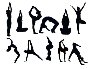 silhouette person. Yoga silhouettes.Yoga set silhouette illustration. Set of yoga Silhouette . Hand drawn black silhouettes. Female.