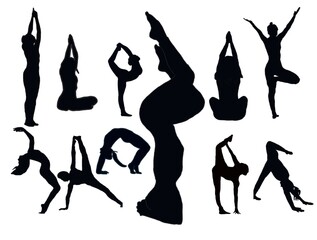 silhouette person. Yoga silhouettes.Yoga set silhouette illustration. Set of yoga Silhouette . Hand drawn black silhouettes. Female.