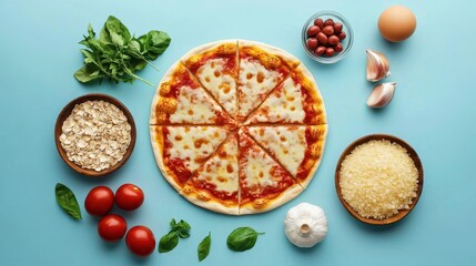 An ultra-processed pizza displayed as an infographic with its chemical ingredients highlighted, clean minimalist design, bright colors.  ,closes up