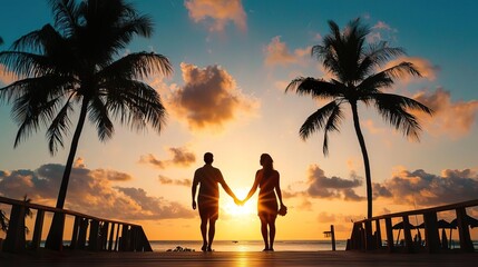 Luxury travel for a romantic beach getaway, illustrating a honeymoon couple in a tropical vacation setting at a luxurious hotel..