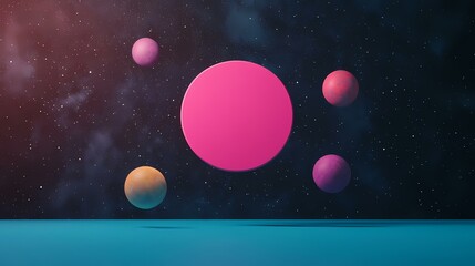 Fototapeta premium The image contains a dark blue night sky with white stars, a pink, a reddish, and a violet sphere, a pale orange sphere, and a teal blue surface below. A night sky with multiple planets of various co