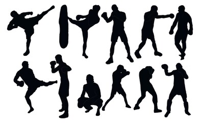 silhouette person. Boxing silhouettes. Boxing set silhouette illustration. Set of boxing Silhouette . Hand drawn black silhouettes. male.
