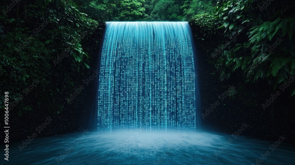Poster a waterfall made of digital symbols and numbers flowing into a vast pool of data, the flow of inform