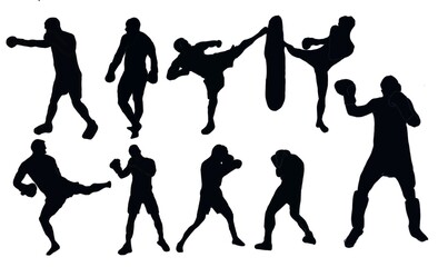 silhouette person. Boxing silhouettes. Boxing set silhouette illustration. Set of boxing Silhouette . Hand drawn black silhouettes. male.
