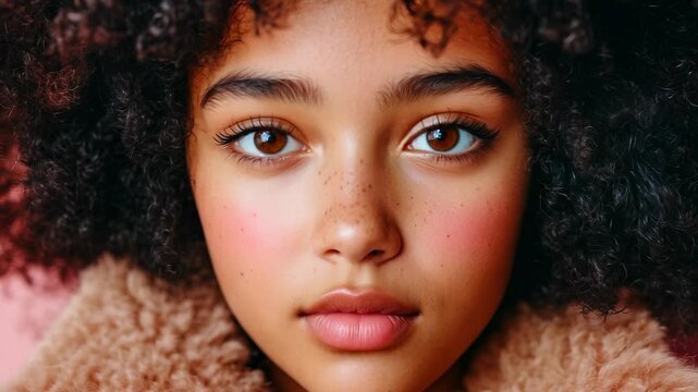 Biracial girl with curly afro and tooth gem in furry coat representing Gen Z fashion and style