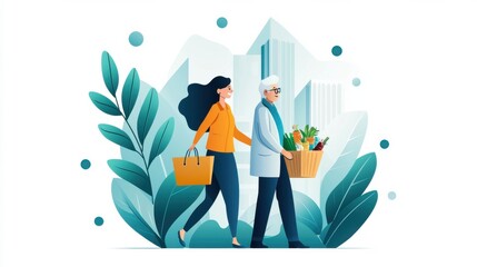 A woman helps an elderly man carry groceries, smiling as they walk together. The act of kindness spreads positivity between them.