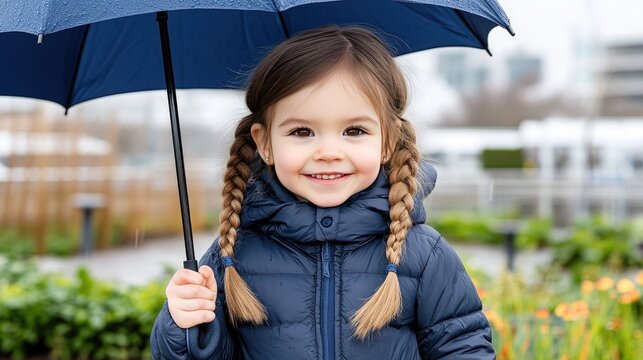 A cheerful schoolgirl with pigtails holds a yellow umbrella while smiling brightly against a rainy city backdrop, radiating happiness amidst the dreary weather