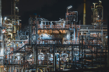 Oil​ refinery​ night and​ plant and tower column of Petrochemistry industry in oil​ and​ gas​