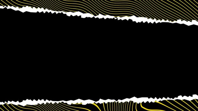 Abstract yellow and black vertical striped optical illusion waveform pattern background, with additional torn paper and space in the middle