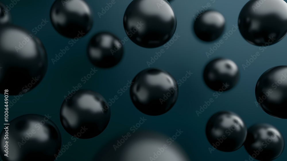Poster the image contains a dark blue background with many black spheres floating in front of it. the image
