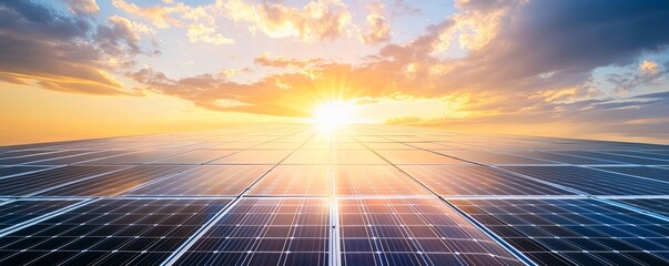 A vast field of solar panels stretches out under a beautiful sunset, with the sun shining brightly in the distance, offering a powerful visual representation of clean energy and a sustainable future.