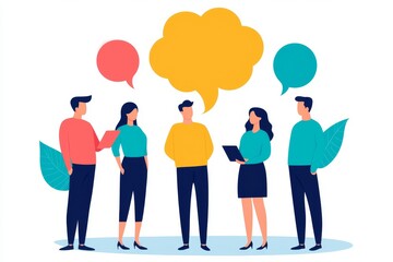 Group of professionals engaged in discussion with speech bubbles