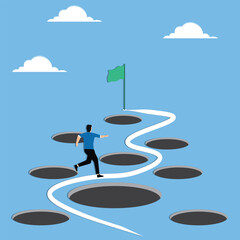 Smart businessman avoid numerous pitfalls to achieving business success. He bravely navigates past mistakes and failures, utilizing his skills and creativity to solve problems and overcome adversity