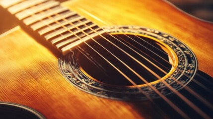 Obraz premium Close-up of acoustic guitar, wood grain and strings detail, warm tones, intricate craftsmanship