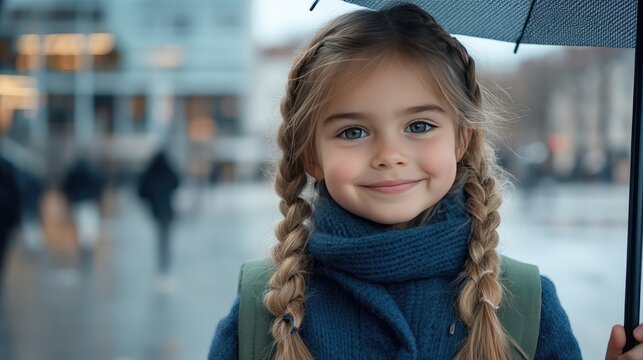 A cheerful schoolgirl with pigtails holds a yellow umbrella while smiling brightly against a rainy city backdrop, radiating happiness amidst the dreary weather - Powered by Adobe