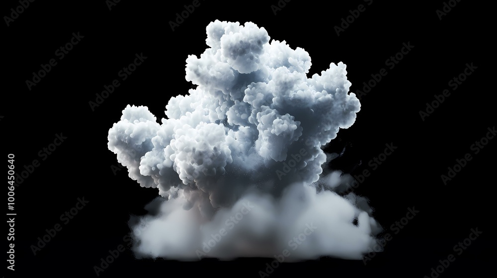 Poster a white cloud shaped like a rounded mountain with a wide base is floating in the center of a black b