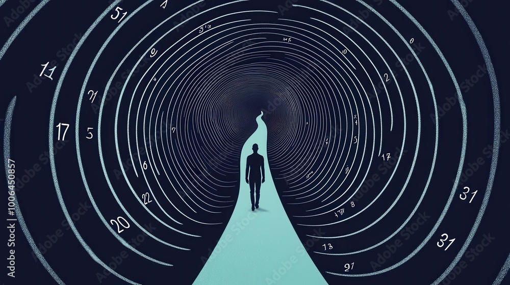 Poster abstract countdown spiral: a person standing at the beginning of a spiral, with numbers counting dow