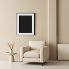 modern living room with an armchair and a blank picture frame mockup on the wall 