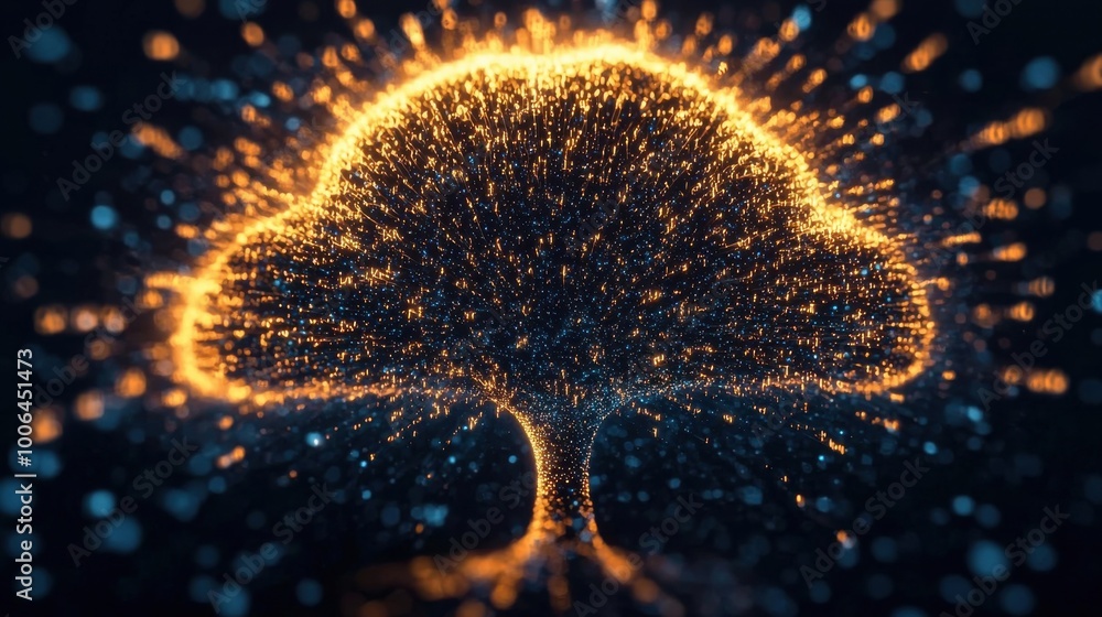 Poster abstract thought tree: a tree with branches made of glowing thoughts, and from the tips of the branc