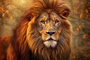 Majestic lion with a rich mane in a natural setting.