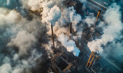 Aerial view of a large industrial plant with smoke billowing from its tall chimneys.