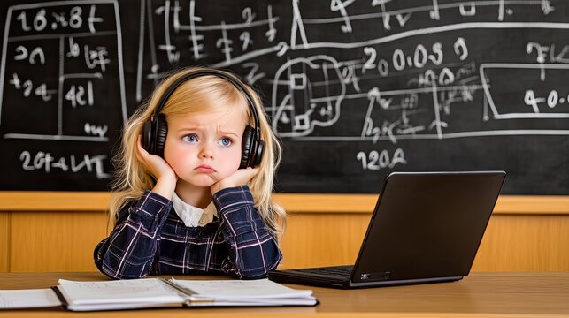 A little girl with blonde hair sits at a desk in front of a laptop, looking sad while attending an online math class in a classroom with a blackboard