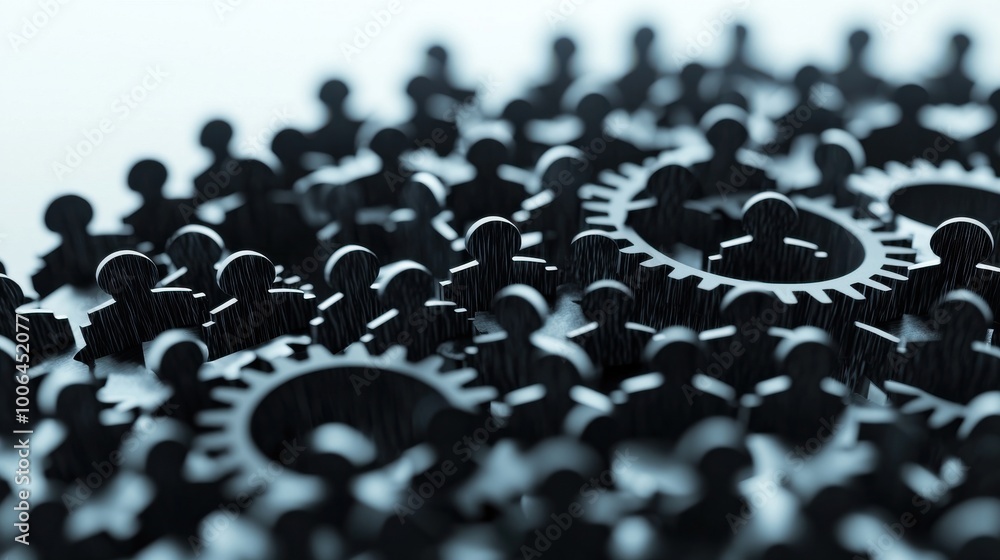 Poster abstract gears made of human shapes, all interconnected and moving in unison, symbolizing the import