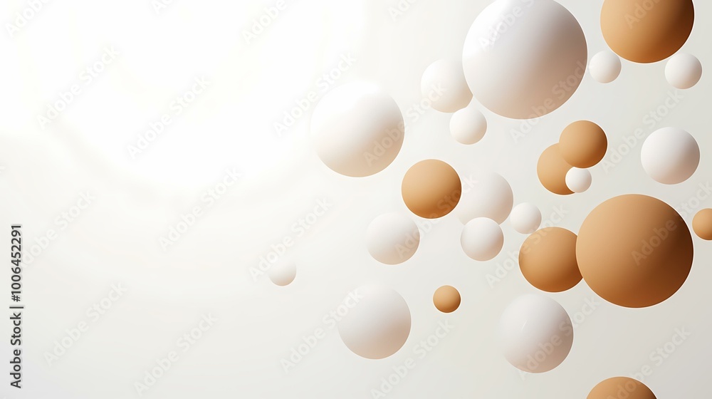 Poster the image shows a composition of white and brown spheres floating in a light gray background. the sp